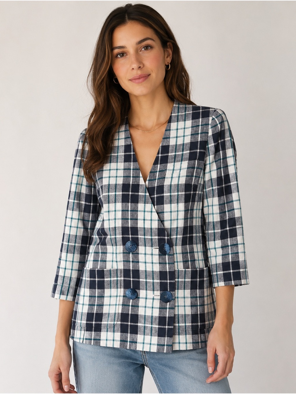 Leilian Jacket Women White & Blue Plaid Jacket Classic Office Japan Sz 7